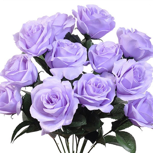 12 Open Lavender Roses, Artificial Flowers, 4" Rose Head, Wedding Arrangement, Bridal Bouquet, Centerpiece, Fake Faux Silk Light Purple