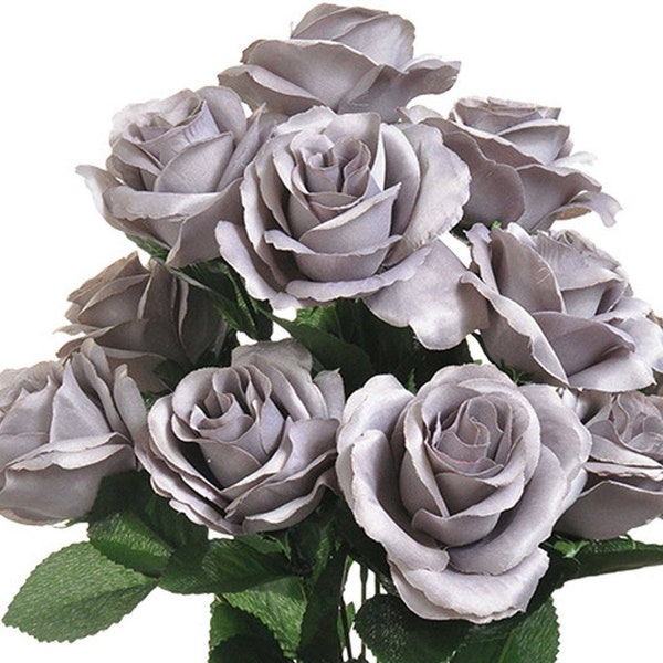 12 Open Ash Grey Roses, Gray Artificial Flowers, 4" Rose Head, Wedding Arrangement, Bridal Bouquet, Centerpiece, Fake Faux Silk Flowers