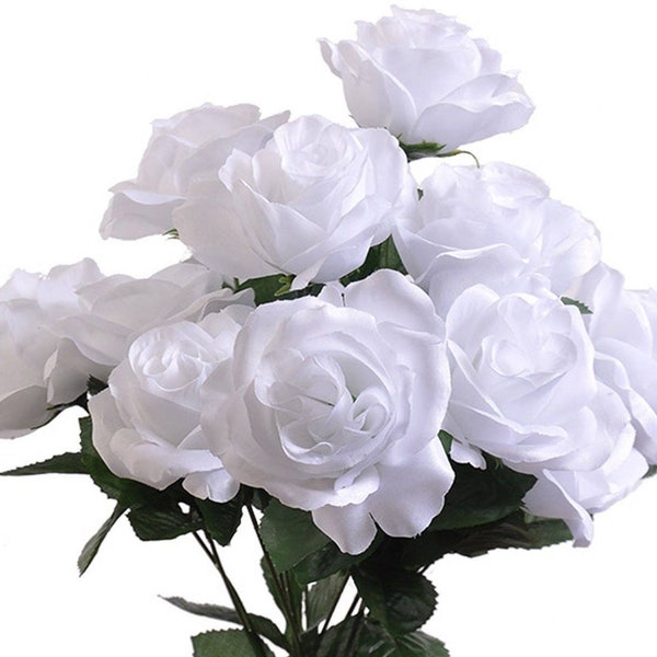 12 Open White Roses, Artificial Flowers, 4" Rose Head, Wedding Arrangement, Bridal Bouquet, White Roses Centerpiece, Fake Faux Silk Flowers