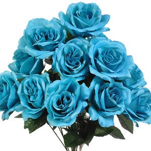 12 roses turquoise ouvertes, fleurs artificielles, bleu Malibu, composition de mariage, bouquet de mariée, centre de table, fausses têtes turquoise