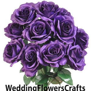 12 Open Purple Roses, Regency, Plum, Artificial Flowers, 4" Rose Head, Wedding Arrangement, Bridal Bouquet, Centerpiece, Fake Faux Silk
