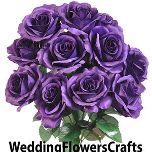 12 Open Purple Roses, Regency, Plum, Artificial Flowers, 4&quot; Rose Head, Wedding Arrangement, Bridal Bouquet, Centerpiece, Fake Faux Silk