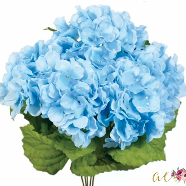 Faux Hydrangea,  French Blue, 17 in H Bush, Silk Flowers, Artificial Hydrangea Stems, Wedding Bridal Bouquet, Fake Hortensia, Light Blue
