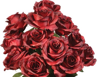 12 Dark Burgundy Open Roses Bush, Artificial Flowers, 4" Head, Wedding Arrangement, Bridal Bouquet, Centerpiece, Fake Faux Silk Botanicals