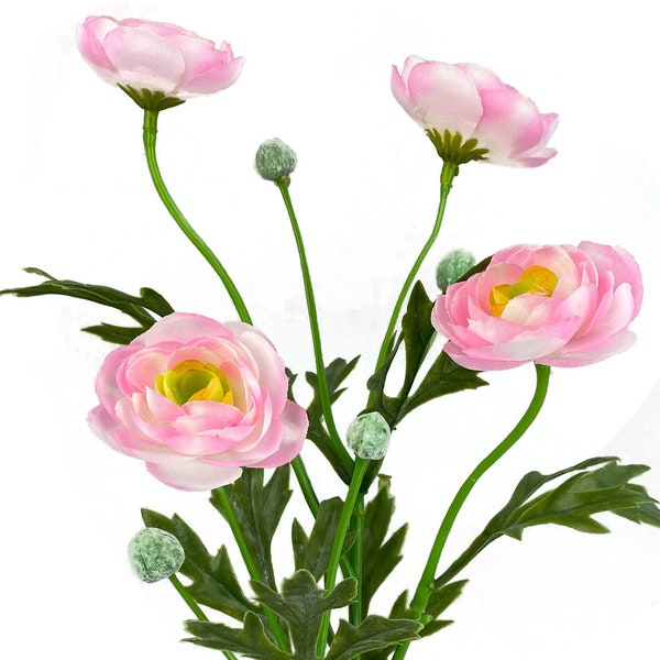 21" Pink Ranunculus Spray, 4 Heads, Artificial Silk Flowers, Faux Wedding Bouquet, Fake, Indoor Outdoor, Wreath Making Supplies, Light Pink