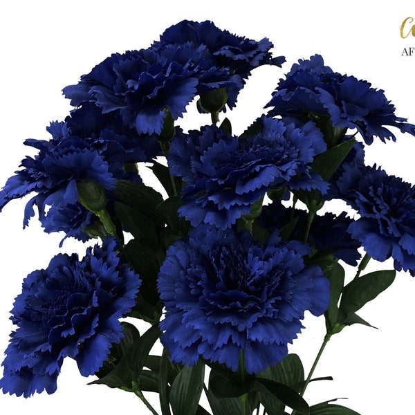 17" Faux Navy Blue Carnation Bush, 14 Heads, Long Stems, Artificial Fake, Silk Flowers, Wedding, Dianthus Caryophyllus, Dark Royal Blue