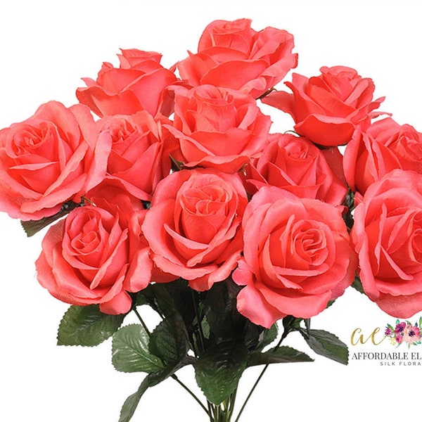 12 Open Coral Roses, Artificial Flowers, 4" Rose Head, Wedding Arrangement, Bridal Bouquet, Centerpiece, Fake Open Blooms Faux Silk Flowers