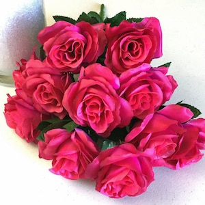 12 Open Dark Pink Roses, Fuchsia Magenta Artificial Flowers, 4" Rose Head, Wedding Arrangement, Bouquet, Centerpiece, Fake Faux Silk Flowers