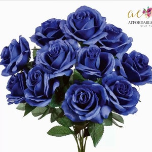 12 Open Dark Royal Blue Roses, Artificial Flowers, 4" Rose Head, Wedding Arrangement, Bridal Bouquet, Centerpiece, Fake Faux Silk Flowers