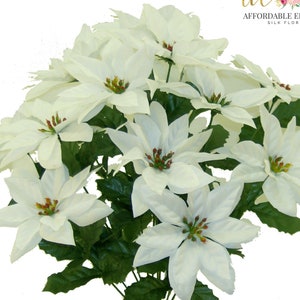 22" Faux White Poinsettias Bush, 6" Head, 14 x Artificial PolySilk Stems Bouquet, Christmas Flowers, Fake Silk Plant, Wreath Making Supplies