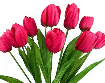 Beauty Pink Tulips Bush, 12 Stems, Bridal Bouquet, Artificial Roses, Silk Wedding Flowers, Fake Faux Heads, Wreath Supplies, Spring Decor