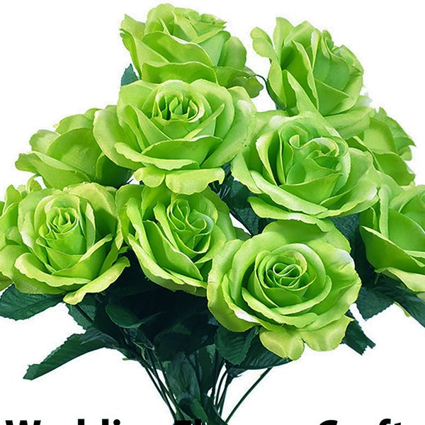 12 Lime Green Open Roses Bush, Artificial Flowers, 4" Rose Head, Wedding Arrangement, Bridal Bouquet, Centerpiece, Fake Faux Silk Botanicals