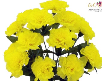 17" Faux Yellow Carnation Bush, 14 Heads, Long Stems, Artificial Fake, Silk Flowers, Wedding, Dianthus Caryophyllus, Easter, Bridal Bouquet