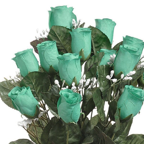 14 Aqua Blue Teal Roses Buds, Long Stems, Bush Bouquet, Artificial Roses, Silk Wedding Flowers, Fake Faux Stems, Tiffany Turquoise, Wreath