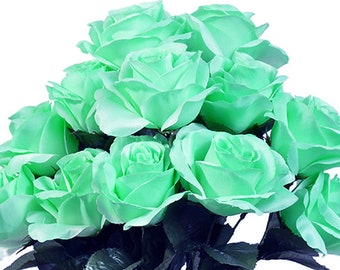 12 Mint Green Open Roses Bush, Artificial Flowers, 4" Rose Head, Wedding Arrangement, Bridal Bouquet, Centerpiece, Fake Faux Silk Botanicals