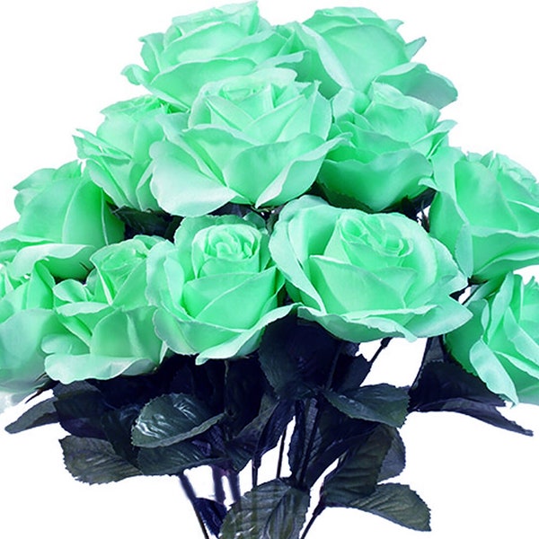 12 Mint Green Open Roses Bush, Artificial Flowers, 4" Rose Head, Wedding Arrangement, Bridal Bouquet, Centerpiece, Fake Faux Silk Botanicals