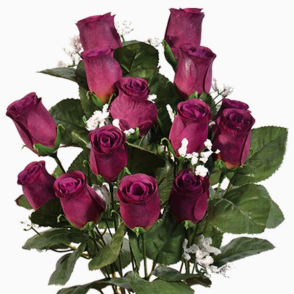 Aubergine Purple Rose Buds, Artificial Roses, 14 Heads, Eggplant, Long Stem Roses, Silk Wedding Flowers, Fake Rose Stems, Faux Rose Bouquet