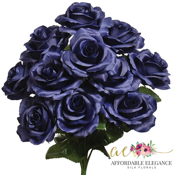 12 Open Navy Blue Roses, Artificial Flowers, 4" Rose Head, Wedding Arrangement, Bridal Bouquet, Navy Centerpiece, Fake Faux Silk Flowers