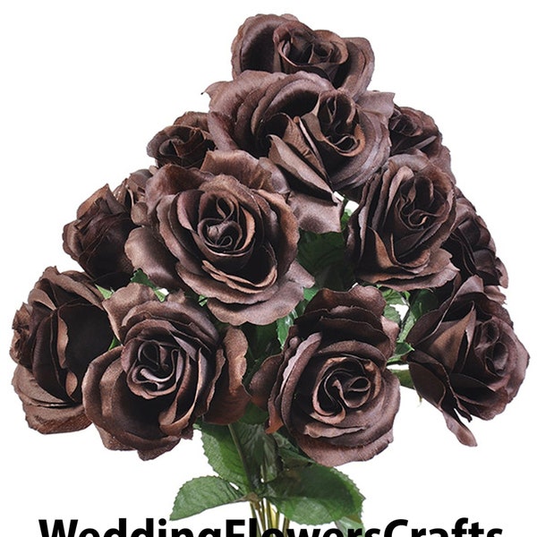 12 Open Chocolate Brown Roses, Dark Brown Artificial Flowers, 4" Rose Head, Wedding Arrangement,Bouquet, Centerpiece, Fake Faux Silk Flowers