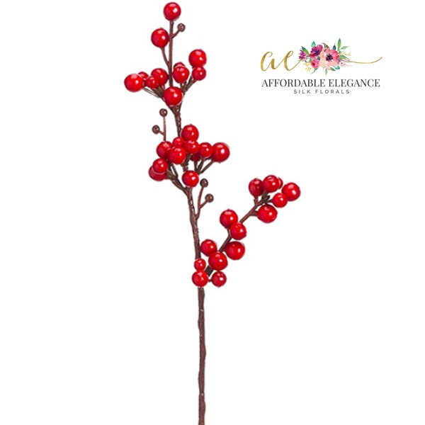 13" Red Berry Spray, Plastic, Indoor / Outdoor, Christmas Filler, Artificial Berries Branches, Fake Berry Stem, Faux Berry, Valentine's Day
