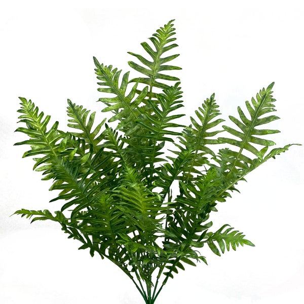 22" Leather Fern Bush, Plastic, Artificial Greenery, Indoor Outdoor, Fake Leaves, Faux Houseplant, Filler, Wedding Foliage, Bouquet Leaves