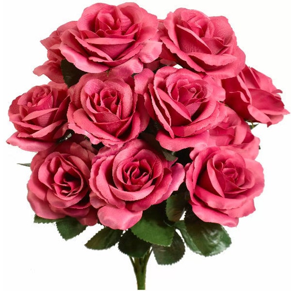 12 Berry Rose Bush, 4" Open Roses, Magenta Wedding Flowers, Faux Rose Bouquet, Artificial Roses, Silk Flowers, Fake Roses, Wreath Supply