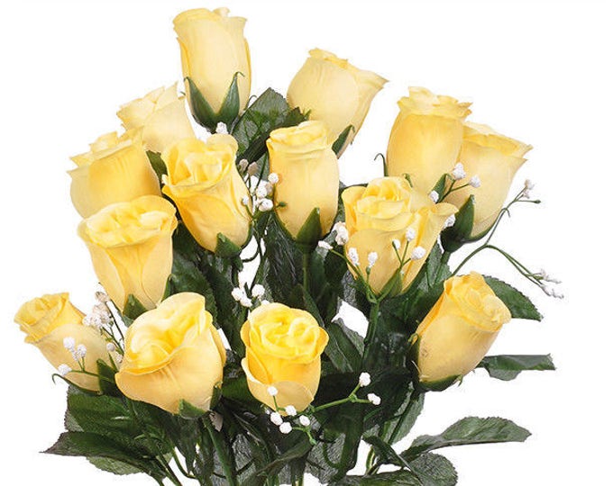 14 Light Yellow Rose Buds, Long Stems, Bush Bouquet, Artificial Roses ...