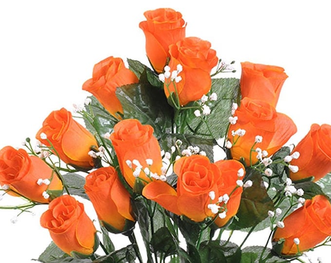 14 Artificial Orange Roses Buds, Long Stems, Bush Bouquet, Artificial