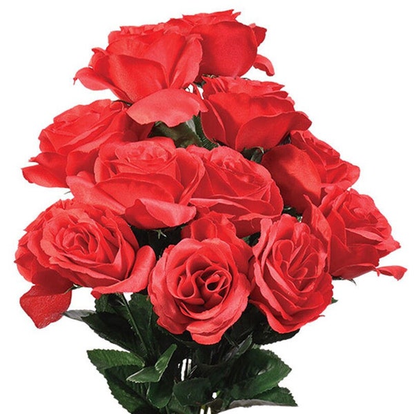 12 Red Open Roses Bush, Present for her, Valentine's Day Gift, Artificial Flowers, Wedding Arrangement, Bridal Bouquet, Fake Faux Silk