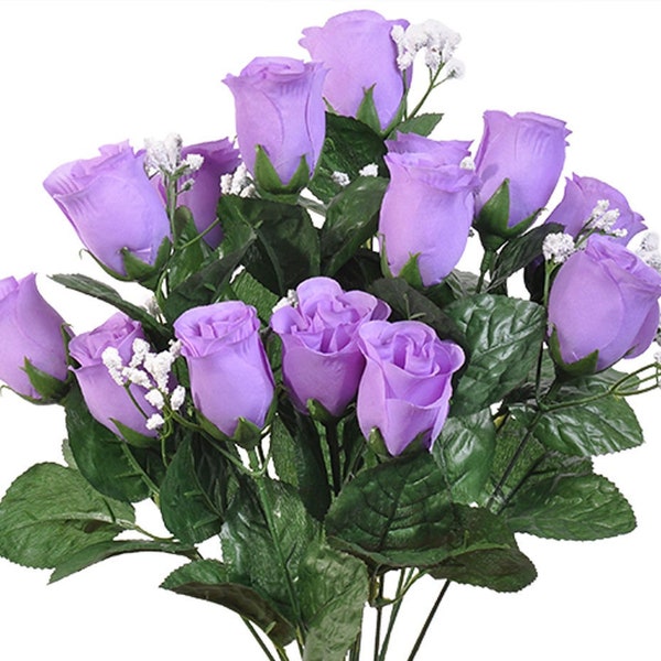 14 Dark Lavender Roses Buds, Long Stems, Bush Bouquet, Artificial Roses, Silk Wedding Flowers, Fake Faux Stems, Lilac Purple,Wreath Supplies