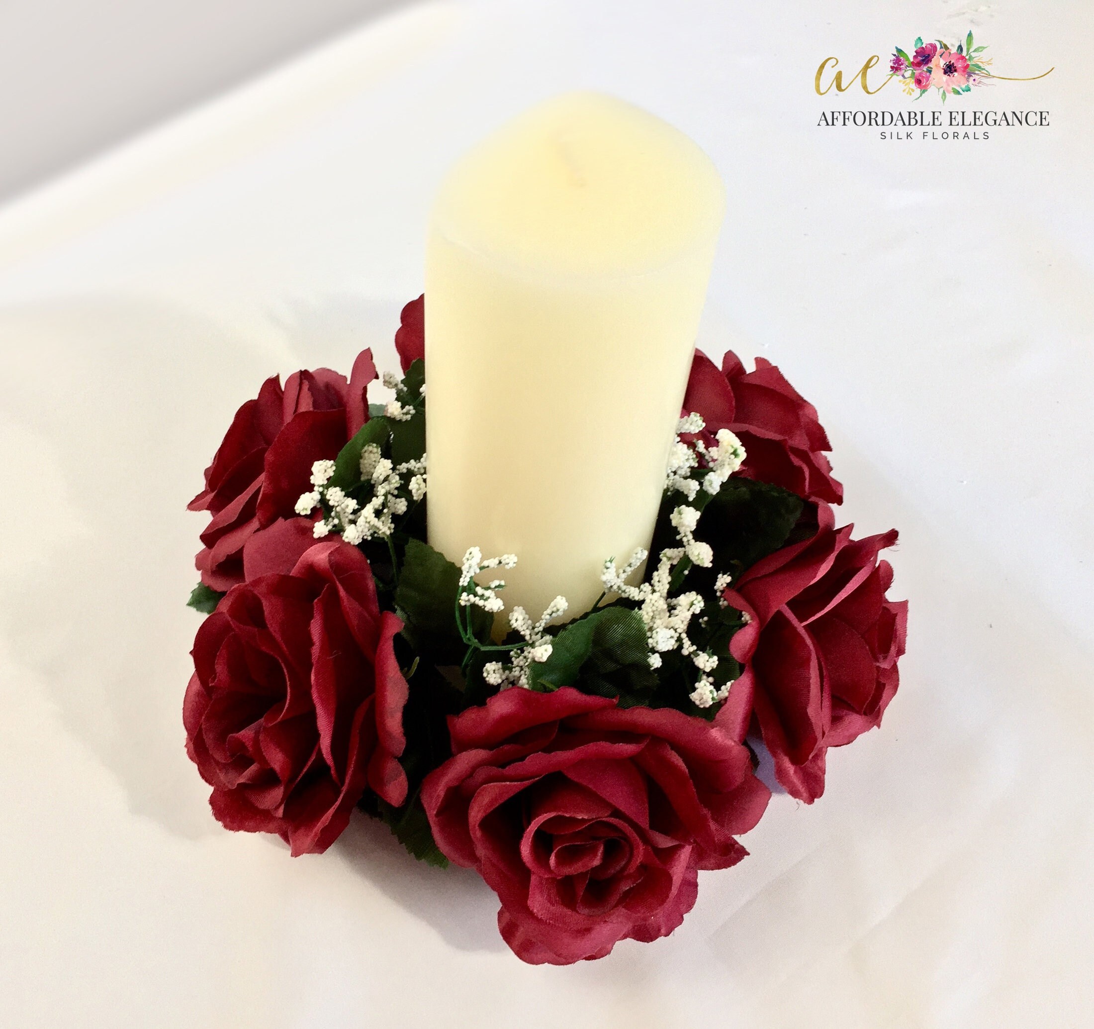 Burgundy Rose Silk Flower Candle Ring Wedding Centerpiece Etsy