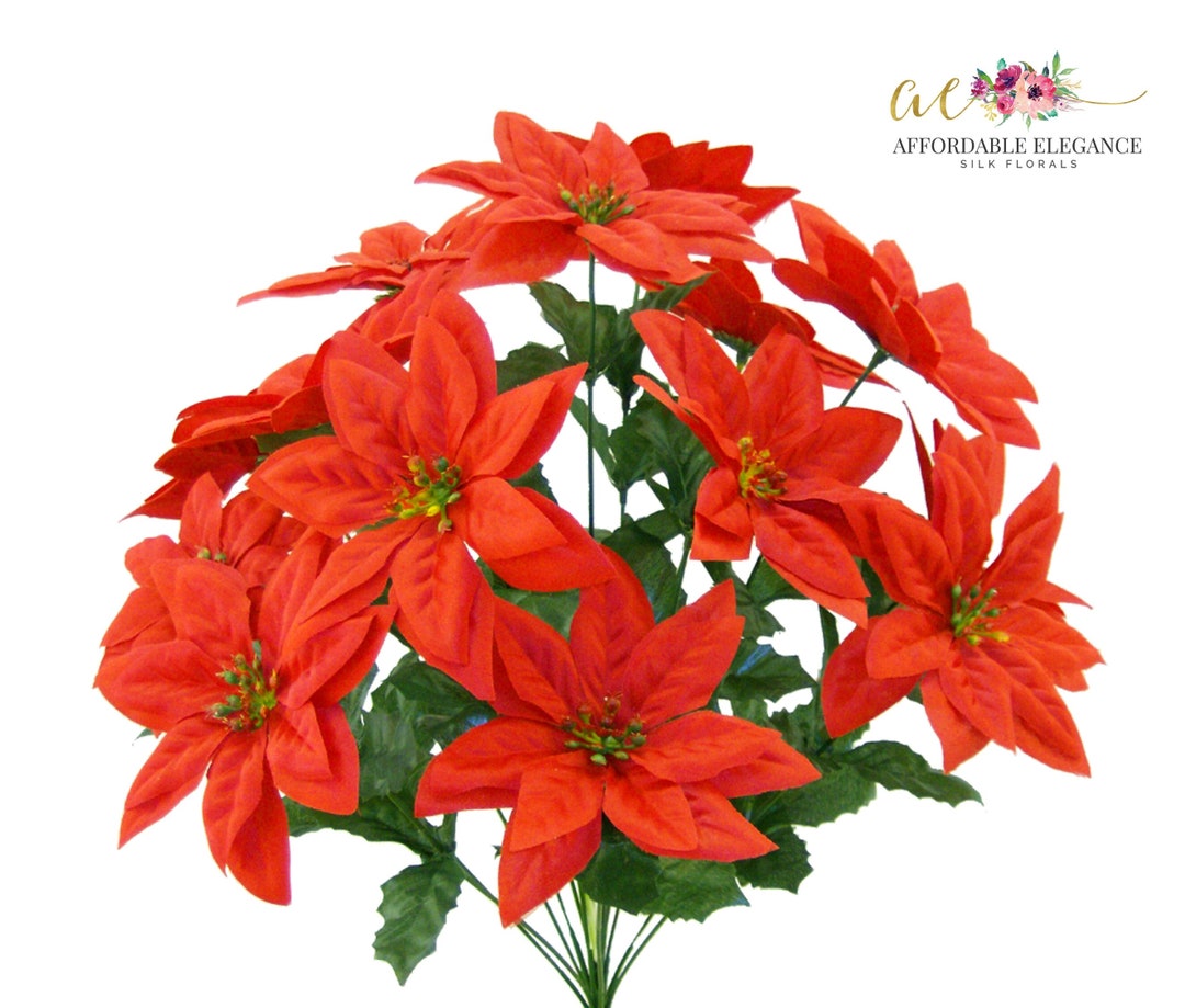 22 Faux Red Poinsettias Bush, 6 Head, 14 X Artificial Polysilk Stems