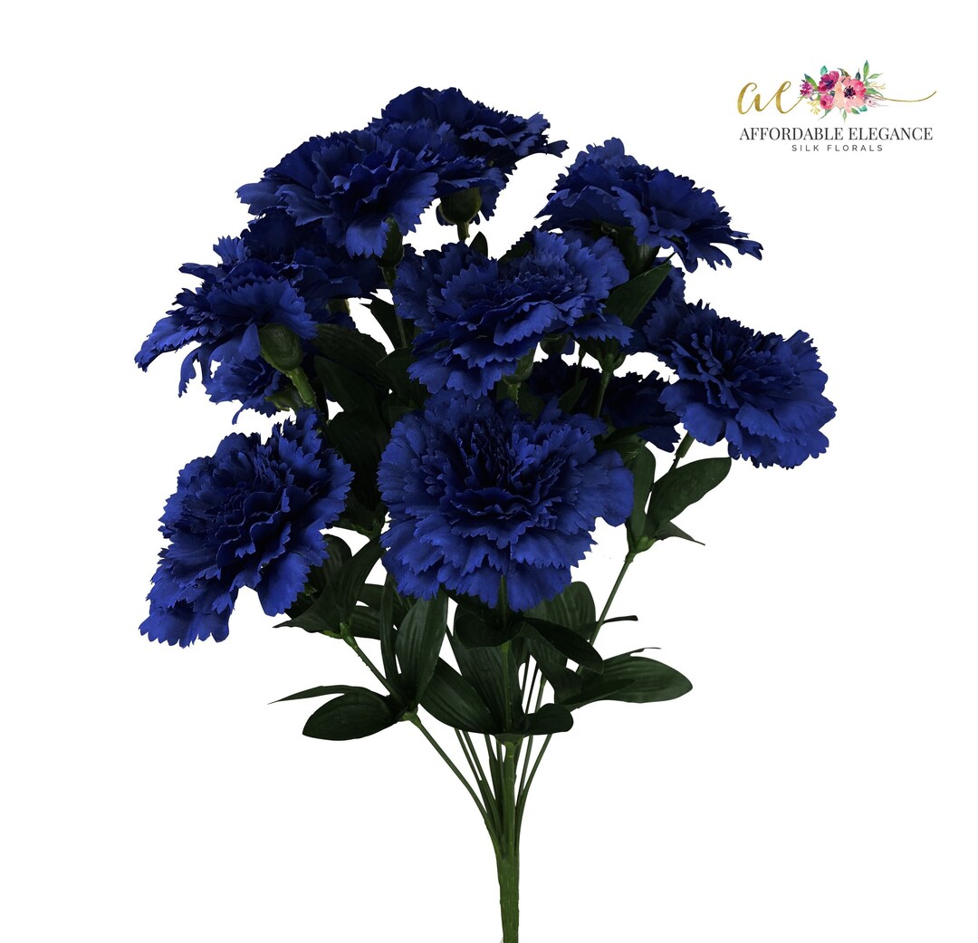 17 Faux Navy Blue Carnation Bush, 14 Heads, Long Stems, Artificial Fake