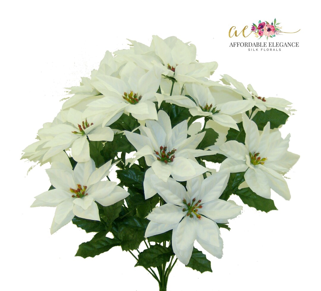 22 Faux White Poinsettias Bush, 6 Head, 14 X Artificial Polysilk Stems