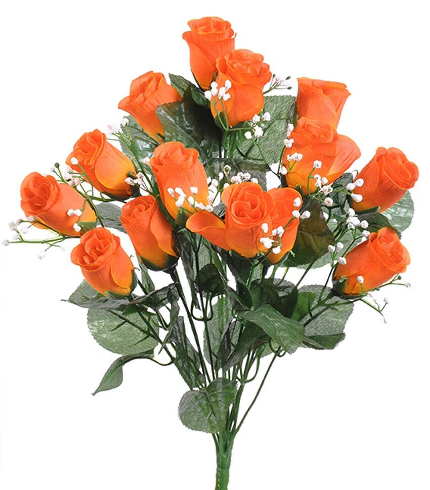14 Artificial Orange Roses Buds Long Stems Bush Bouquet Etsy