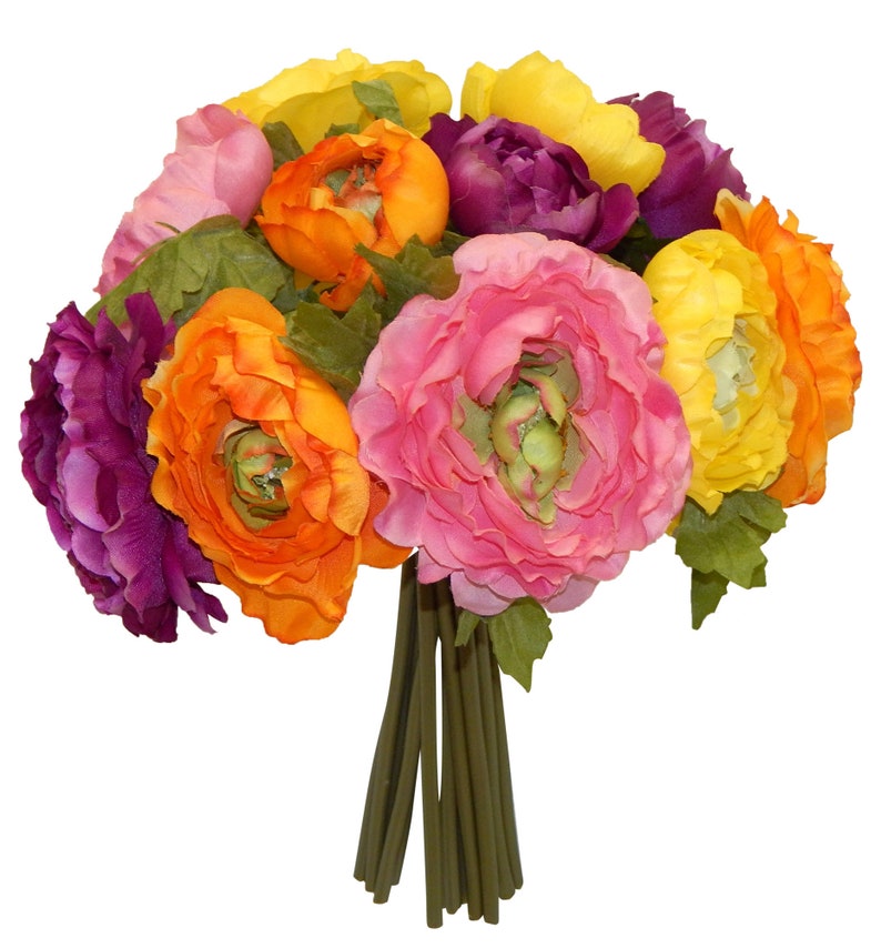 Pink Purple Yellow Orange Ranunculus Bouquet Bride Bridesmaid Centerpieces Artificial Soft Touch Silk Wedding Flowers Faux Arch Tie Backs