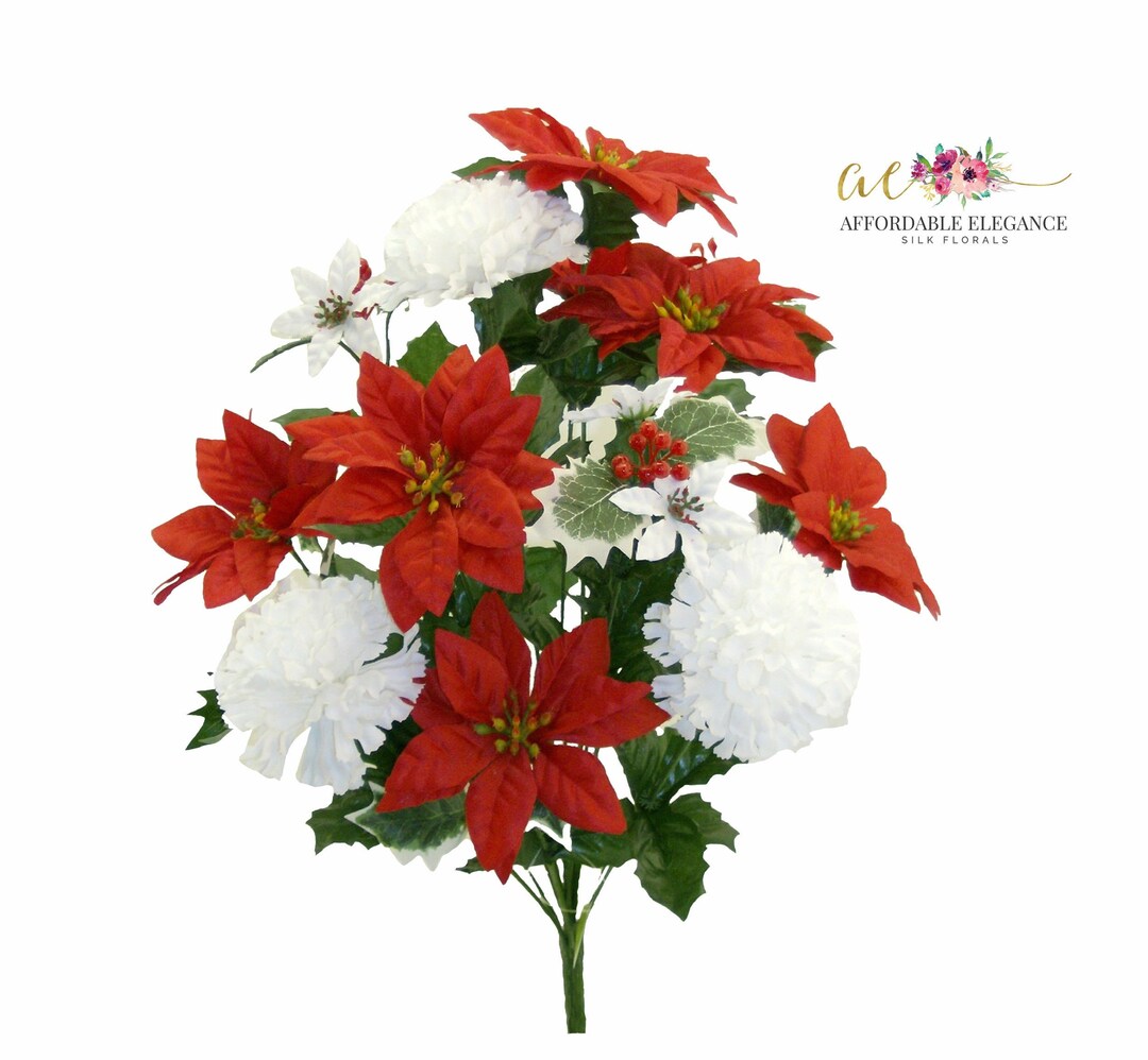 21 Faux Red White Poinsettias Carnation Mix Bush, 14 X Artificial