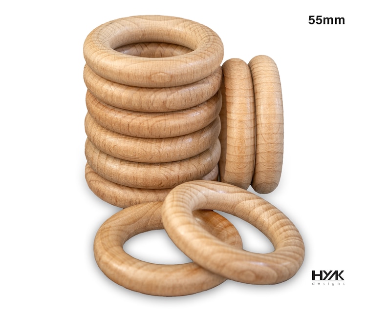 10 of The Safest Natural Smooth Finished Beech Wood Round Rings for Craft, DIY Baby / Teether, Pendant, Connectors & Jewelry Making 55mm image 1