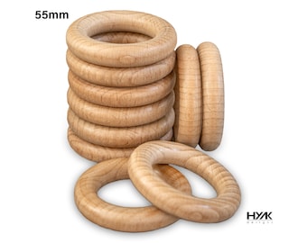 Natural Smooth Finished Beech Wood Rings (55mm - 10 Pack): DIY, Crafts, Baby and Pet Toys, Teether, Jewelry, Macramé, & Art Projects