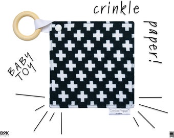 HYAKDesigns Crinkle Paper for Babies- Development Sensory Soother Toy + Wood Ring. Monochrome High Contrast. Top Quality and Best in Class