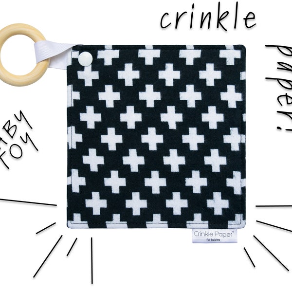 HYAKDesigns Crinkle Paper for Babies- Development Sensory Soother Toy + Wood Ring. Monochrome High Contrast. Top Quality and Best in Class