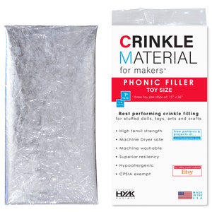 May include: A silver crinkle material for makers, labeled "Crinkle Material for Makers - Phonic Filler Toy Size" with three toy size strips of 15" x 36".