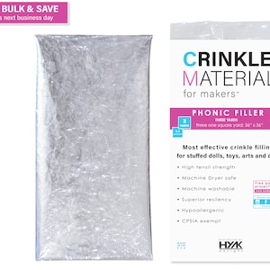 May include: A package of three yards of silver crinkle material for making stuffed toys, dolls, and crafts. The package says "Crinkle Material for Makers" and "Phonic Filler".