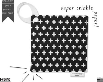 HYAKDesigns Crinkle Paper Baby Sensory Toy with strap| Swiss Cross| Baby Shower Gift Boy or Girl | Toddler Soother