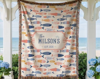 Custom Colorful Fish Woven Blanket, Fish pattern, Fish nursery Throw, Personalized Summer Lake blanket , summer decor