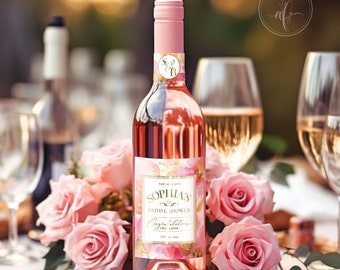 May include: A pink wine bottle with a custom label for a bridal shower. The label features a floral design with gold accents and the text "Sophia's Bridal Shower Congratulations Sophia & Aaron June 18, 2023".