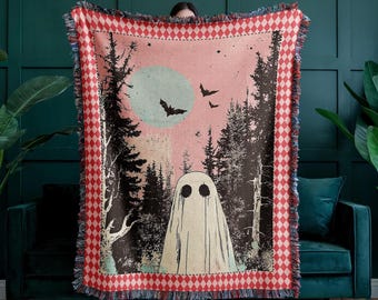 Retro Ghost Woven Blanket, Spooky Moon Landscape, Vintage Pastel Ghost, Vintge Halloween Decor, Ghost wall tapestry