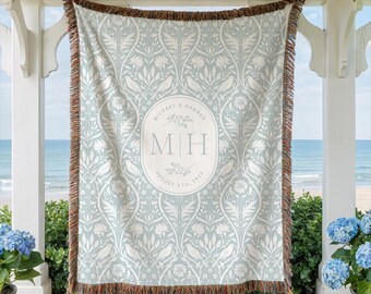 Personalized  Monogram Initials Woven Blanket, Custom Throw With Last Name and Year, Wedding Gift For Couple, Cotton Anniversary Gift