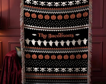 Personalized Fair Isle Halloween Woven Blanket, Family Fall Blanket, Vintage Halloween Throw, Pumpkin Blanket, Ghost blanket