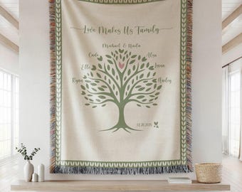 May include: A cream-colored woven throw blanket featuring a green tree illustration with the text Love Makes Us Family, names including Michael, Naila, Cade, Alsu, Elle, Liana, Ryan, Hailey, and the date 01.20.2025, finished with a fringed edge.